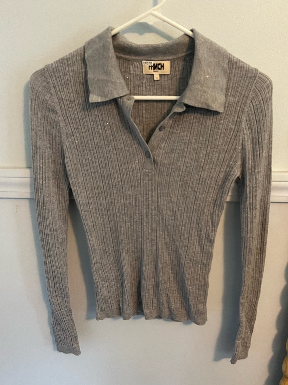 FRNCH Gray Ribbed V-Neck Polo Sweater